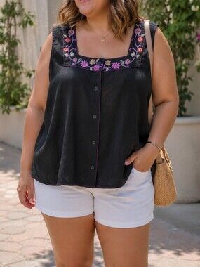 Anne Carson Black Linen Embroidered Floral Sleeveless Tunic Top Pink Purple